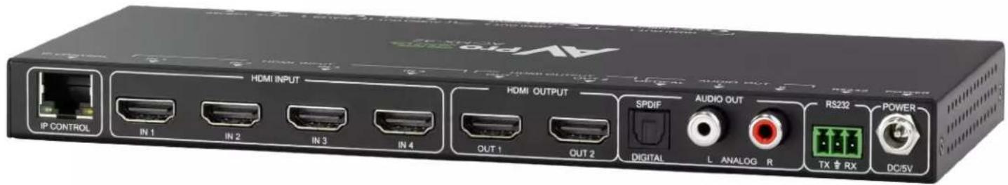 VoIP HDMI INPUT IP CONTROL IN 1 IN 2 IN 3 IN 4 HDMI OUTPUT OUT 1 OUT 2 SPDIF AUDIO OUT DIGITAL L ANALOG R RS232 TX RX POWER DC/5V
