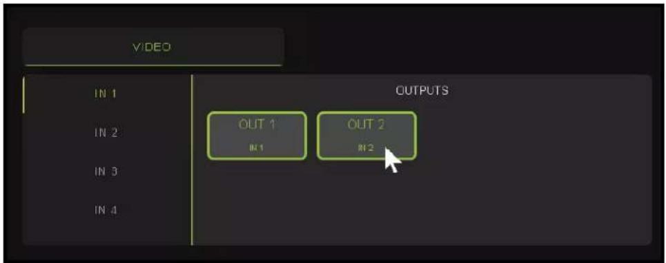 VIDEO IN 1 IN 2 IN 3 IN 4 OUTPUTS OUT 1 IN 1 OUT 2 IN 2