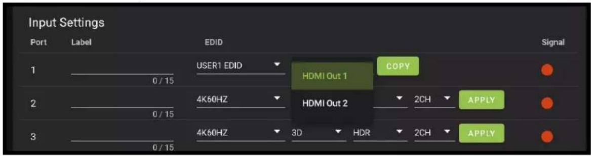 Input Settings Port Label EDID Signal 1 USER1 EDID COPY 0 / 15 HDMI Out 1 2 4K60HZ HDMI Out 2 2CH APPLY 0 / 15 3D HDR 2CH APPLY 3 4K60HZ 0 / 15