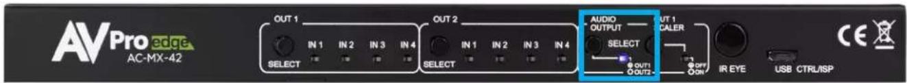 AVPro edge AC-MX-42 OUT 1 IN 1 IN 2 IN 3 IN 4 SELECT OUT 2 IN 1 IN 2 IN 3 IN 4 SELECT AUDIO OUTPUT OUT 1 CALER SELECT OUT1 OUT2 OFF ON IR EYE USB CTRL/ISP CE