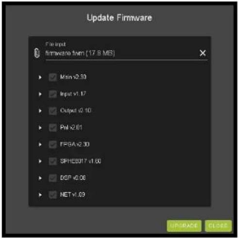 Update Firmware File Input firmware team (17.6 MB) Main v2.30 Input v1.17 Output v2.10 Phi v2.01 FPGA v2.30 SPHCB017 v1.00 DSP v0.08 NET v1.09 UP-CHANGE CLOSE