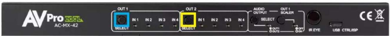 AVPro edge AC-MX-42 OUT 1 IN 1 IN 2 IN 3 IN 4 SELECT OUT 2 IN 1 IN 2 IN 3 IN 4 AUDIO OUTPUT OUT 1 SCALER SELECT OUT1 OFF OR IR EYE USB CTRL/ISP CE