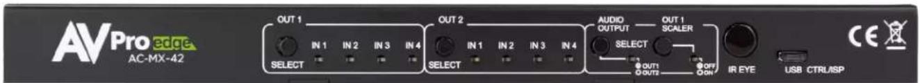 AVPro edge AC-MX-42 OUT 1 IN 1 IN 2 IN 3 IN 4 SELECT OUT 2 IN 1 IN 2 IN 3 IN 4 SELECT AUDIO OUTPUT OUT 1 SCALER SELECT OUT1 OUT2 OFF OR IR EYE USB CTRL/ISP CE