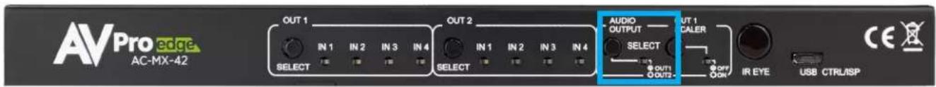 AVPro edge AC-MX-42 OUT 1 IN 1 IN 2 IN 3 IN 4 SELECT OUT 2 IN 1 IN 2 IN 3 IN 4 SELECT AUDIO OUTPUT OUT 1 CALER SELECT OFF ON IR EYE USB CTRL/ISP CE
