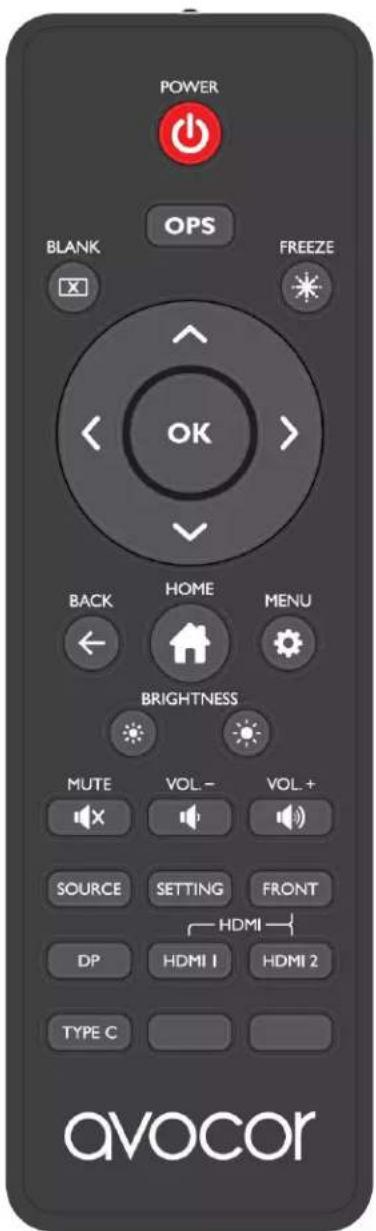 POWER OPS BLANK FREEZE OK BACK HOME MENU BRIGHTNESS MUTE VOL- VOL+ SOURCE SETTING FRONT HDMI DP HDMI 1 HDMI 2 TYPE C avocor