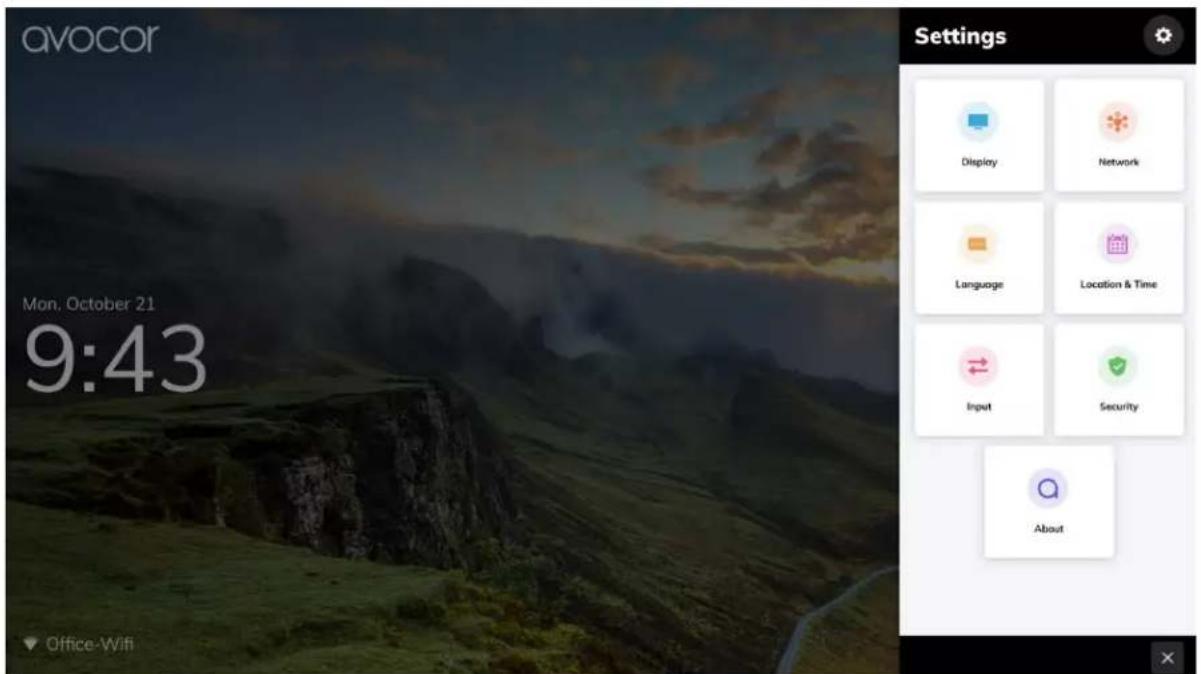 avocor Mon. October 21 9:43 Office-Wifi Settings Display Network Language Location & Time Input Security About
