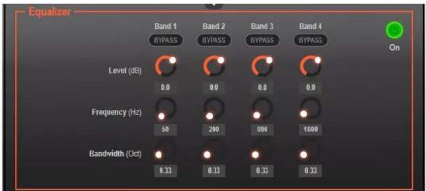 Equalizer Band 1 BYPASS Band 2 BYPASS Band 3 BYPASS Band 4 On Level (dB) 0.0 0.0 0.0 0.0 Frequency (Hz) 50 200 000 1600 Bandwidth (Oct) 0.33 0.33 0.33 0.33