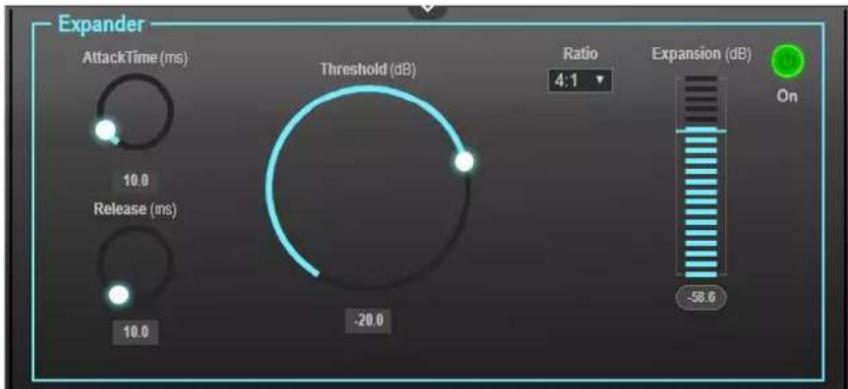 Expander AttackTime (ms) 10.0 Release (ms) 10.0 Threshold (dB) -20.0 Ratio 4:1 Expansion (dB) On -58.6