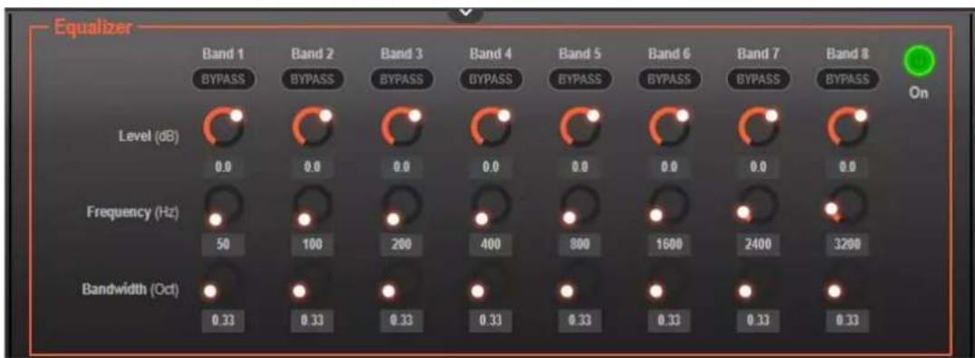 Equalizer Band 1 BYPASS Band 2 BYPASS Band 3 BYPASS Band 4 BYPASS Band 5 BYPASS Band 6 BYPASS Band 7 BYPASS Band 8 On Level (dB) 0.0 0.0 0.0 0.0 0.0 0.0 0.0 0.0 Frequency (Hz) 50 100 200 400 800 1600 2400 3200 Bandwidth (Oct) 0.33 0.33 0.33 0.33 0.33 0.33 0.33 0.33