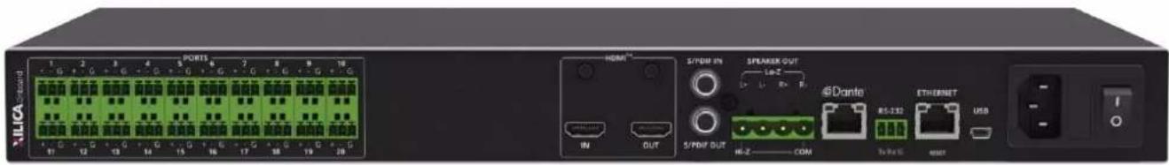 PORTS 1 2 3 4 5 6 7 8 9 10 I/O 12 13 14 15 16 17 18 19 I/O 12 13 14 15 16 17 18 19 HDMI SP/DPF IN SPEAKR OUT Lia-2 SP/DPF OUT Hi-2 COM Dante RS-232 ETHERNET USB 3x Rate RESET