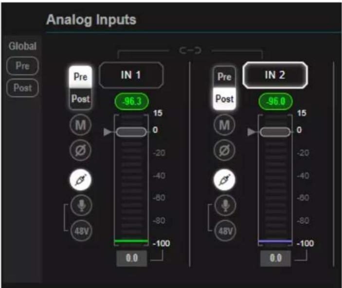 Analog Inputs Global Pre Post Pre Post IN 1 -96.3 0 -20 -40 -60 -80 -100 48V 0.0 Pre Post IN 2 -96.0 0 -20 -40 -60 -80 -100 48V 0.0