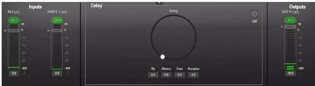 Inputs IN 2 (dB) 95.3 15 0 -100 0.0 DANTE 1 (dB) -100.0 15 0 -100 0.0 Delay Delay Off Me Meters Feet Samples 10.0 10.0 10.0 Outputs OUT 13 (dB) -16.2