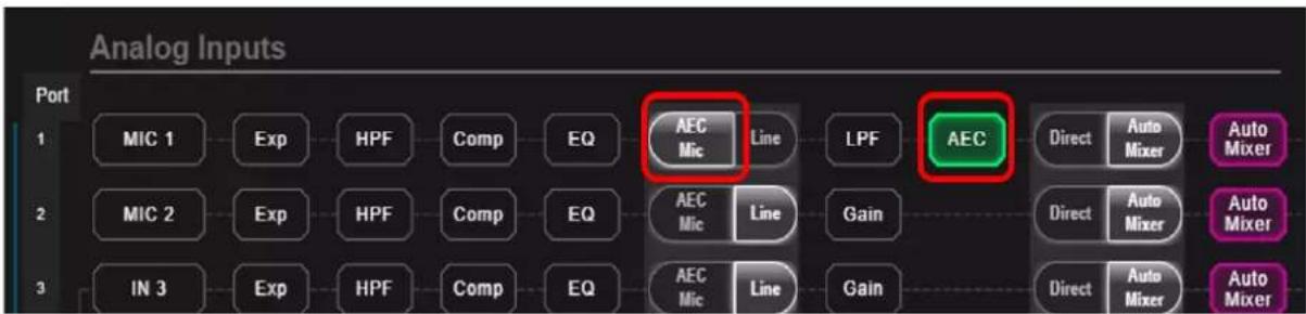 Analog Inputs Port 1 MIC 1 Exp HPF Comp EQ AEC Mic Line LPF AEC Direct Auto Mixer Auto Mixer 2 MIC 2 Exp HPF Comp EQ AEC Mic Line Gain Direct Auto Mixer Auto Mixer 3 IN 3 Exp HPF Comp EQ AEC Mic Line Gain Direct Auto Mixer Auto Mixer