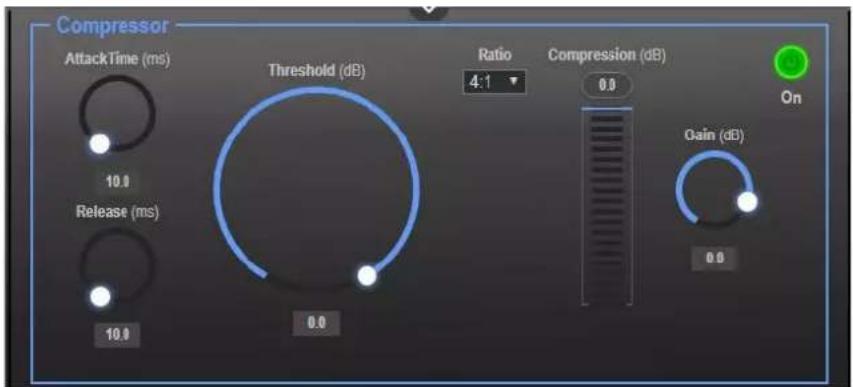 Compressor AttackTime (ms) 10.0 Release (ms) 10.0 Threshold (dB) 0.0 Ratio 4:1 Compression (dB) 0.0 On Gain (dB)