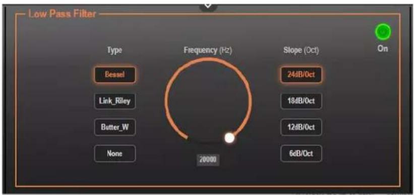 Low Pass Filter Type Frequency (Hz) Slope (Oct) Bessel 24dB/0ct Link_Riley 18dB/0ct Butter_W 12dB/0ct None 6dB/0ct 20000