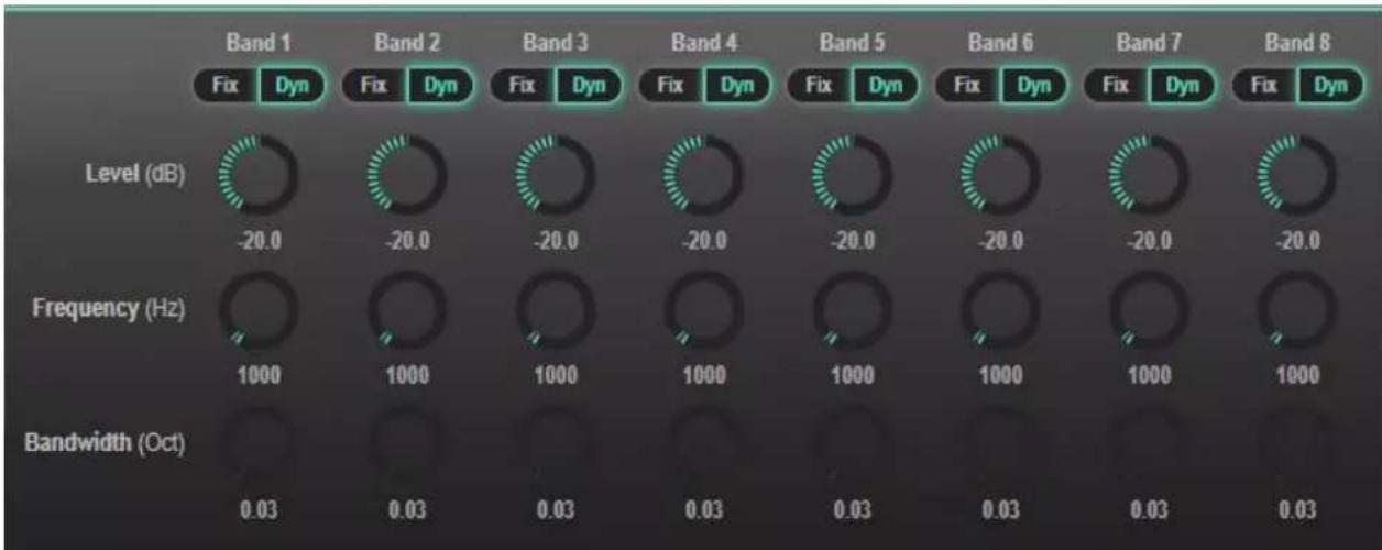 Band 1 Fix Dyn Band 2 Fix Dyn Band 3 Fix Dyn Band 4 Fix Dyn Band 5 Fix Dyn Band 6 Fix Dyn Band 7 Fix Dyn Band 8 Level (dB) -20.0 -20.0 -20.0 -20.0 -20.0 -20.0 -20.0 Frequency (Hz) 1000 1000 1000 1000 1000 1000 1000 1000 Bandwidth (Oct) 0.03 0.03 0.03 0.03 0.03 0.03 0.03 0.03