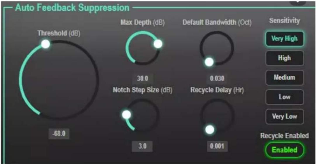 Auto Feedback Suppression Threshold (dB) Max Depth (dB) Default Bandwidth (Oct) Sensitivity Very High High Medium Low Very Low Recycle Enabled Enabled -68.0 30.0 0.030 Notch Step Size (dB) 3.0 0.001