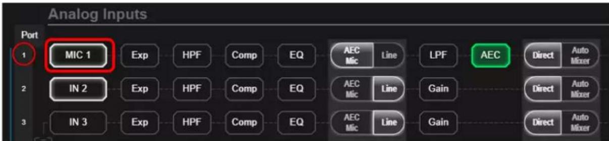 Analog Inputs Port 1 MIC 1 Exp HPF Comp EQ AEC Mic Line LPF AEC Direct Auto Mixer 2 IN 2 Exp HPF Comp EQ AEC Mic Line Gain 3 IN 3 Exp HPF Comp EQ AEC Mic Line Gain Direct Auto Mixer Direct Auto Mixer Direct Auto Mixer Direct Auto Mixer