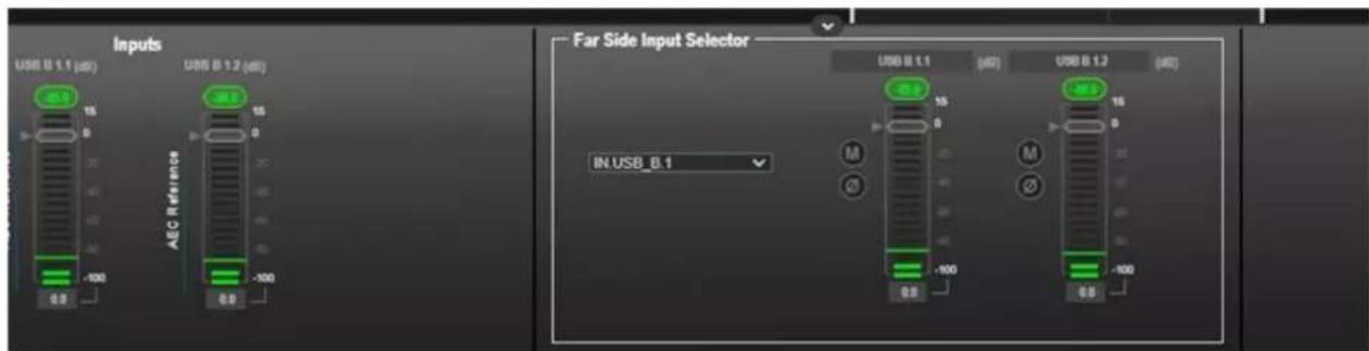 Inputs USB B 1.1 (dB) USB B 1.2 (dB) AEC Reference -100 0.0 -100 0.0 Far Side Input Selector USB B 1.1 (dB) USB B 1.2 (dB) IN USB_B.1 USB B 1.1 USB B 1.2 -100 0.0 -100 0.0