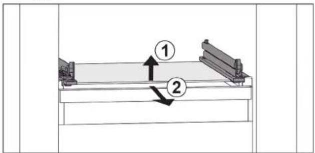 Technical diagram showing two labeled components (① and ②) with directional arrows indicating movement or force on a mechanical assembly.