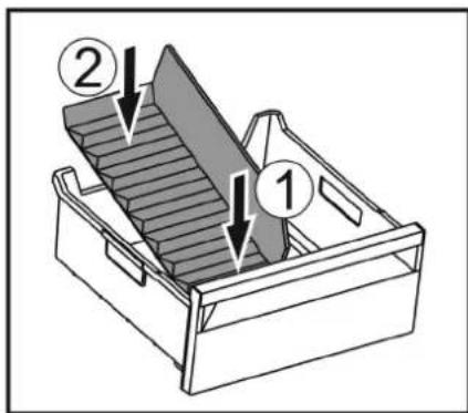 Diagram of a mechanical device with labeled parts 1 and 2, showing structural components and directional arrows.