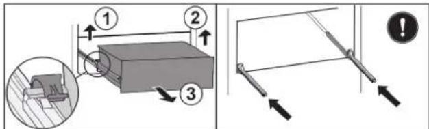 Technical diagram showing mechanical assembly steps with numbered components and a warning symbol