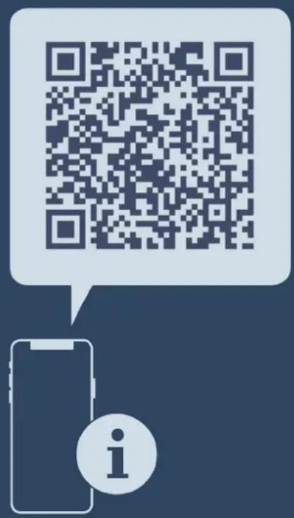 QR code with speech bubble and mobile phone icon containing 'i' symbol