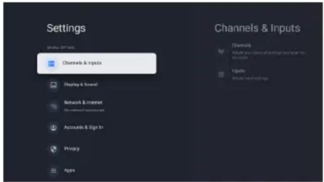 Settings Status: SETTINGS Channels & Inputs Display & Sound Network & Internet File network accounted Accounts & Sign In Privacy Apps Channels & Adjust your channel of settings and view for Browse Inputs Adjust new settings