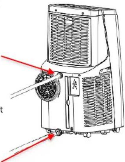 Technical diagram of a portable air conditioner unit with red arrows indicating airflow direction and component labels