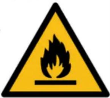 Warning sign depicting a flame symbol in yellow and black on white background