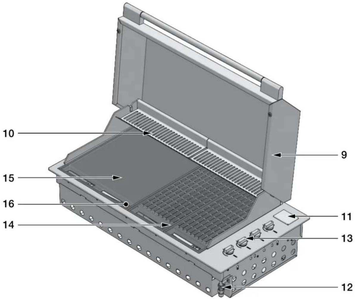 Technical diagram of a 3D mechanical device with numbered components labeled for identification.
