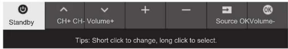 Standby CH+ CH- Volume+ + - Source OKVolume- Tips: Short click to change, long click to select.