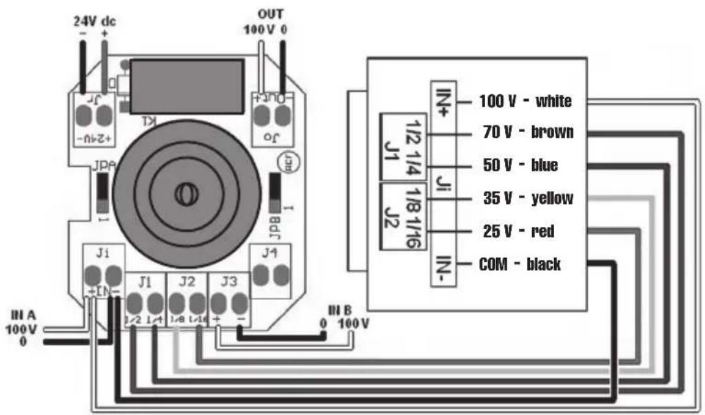 24V dc OUT 100 V 0 JF -jn-2+1 JK JPA J1 J1 J2 J3 J1 IN A 100 V 0 IN B 0 100 V J1/2 1/4 J2 IN+ 70 V - brown 50 V - blue 35 V - yellow 25 V - red IN- COM - black