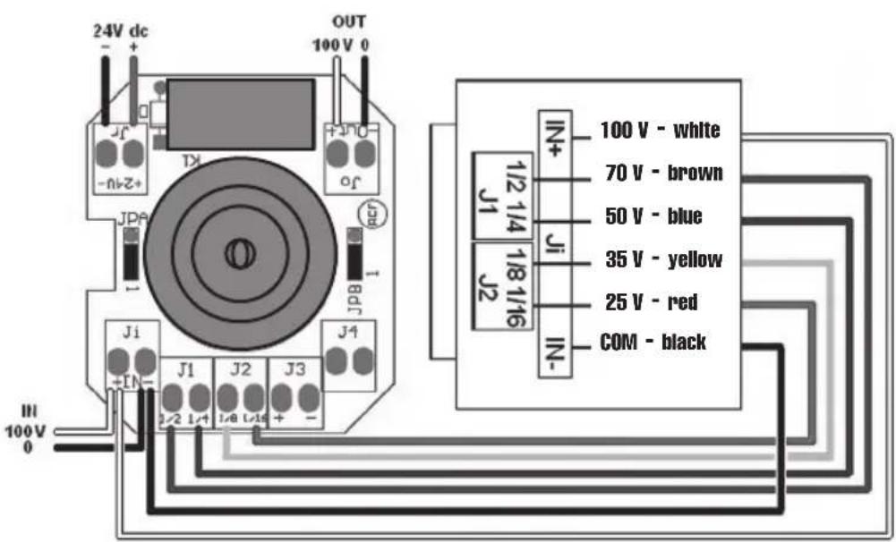 24V dc OUT 100 V 0 JPA J1 J1 J2 J3 J4 IN 100V 0 IN 1/2 1/4 J1 J2 IN- 100 V - white 70 V - brown 50 V - blue 35 V - yellow 25 V - red IN- COM - black