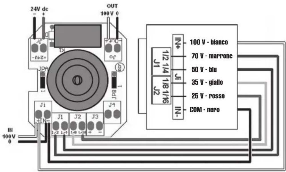 24V dc OUT 100 V 0 J1 J2 J3 J4 J5 J6 J7 J8 J9 J10 J11 J12 J13 J14 J15 J16 J17 J18 J19 J20 IN+ IN- IN- 1/2 1/4 J1 Ji J2 100 V - bianco 70 V - marrone 50 V - blu 35 V - giallo 25 V - rosso COM - nero