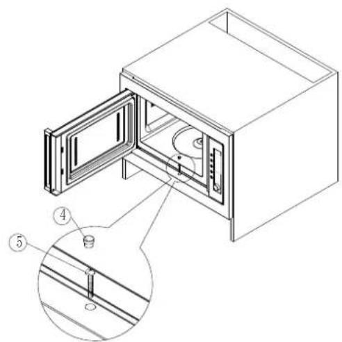 Technical diagram of a microwave oven with labeled components and an inset showing internal structure detail