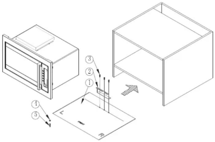 Technical diagram showing a cabinet assembly with numbered components and directional arrows indicating assembly steps.