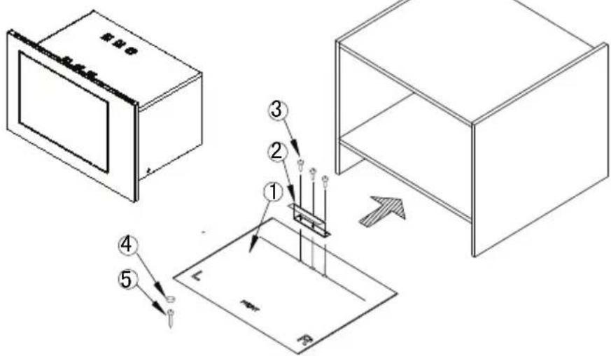 Technical diagram showing a device setup with labeled components and directional arrows indicating assembly or inspection.