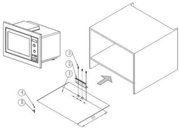 Technical diagram showing a microwave oven, a cabinet, and a paper with labeled components and dimensions.