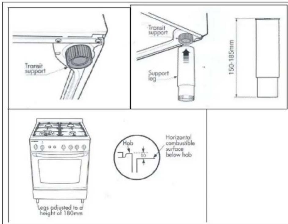 Transit support Transit support Support leg 150-185mm Legs adjusted to a height of 180mm Horizontal combustible surface below hob