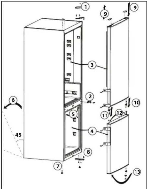 Technical diagram of an appliance refrigerator with numbered components and directional arrows indicating assembly or movement.