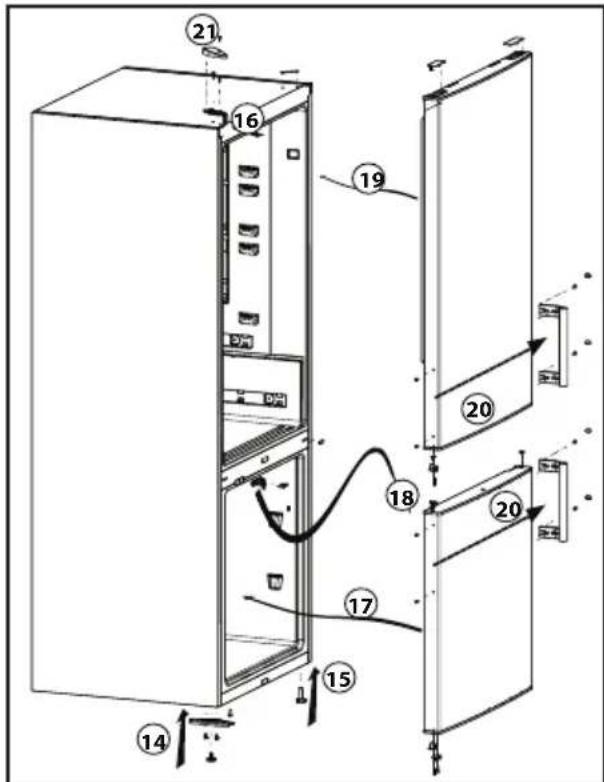 Technical diagram of a refrigerator interior with numbered components and wiring annotations