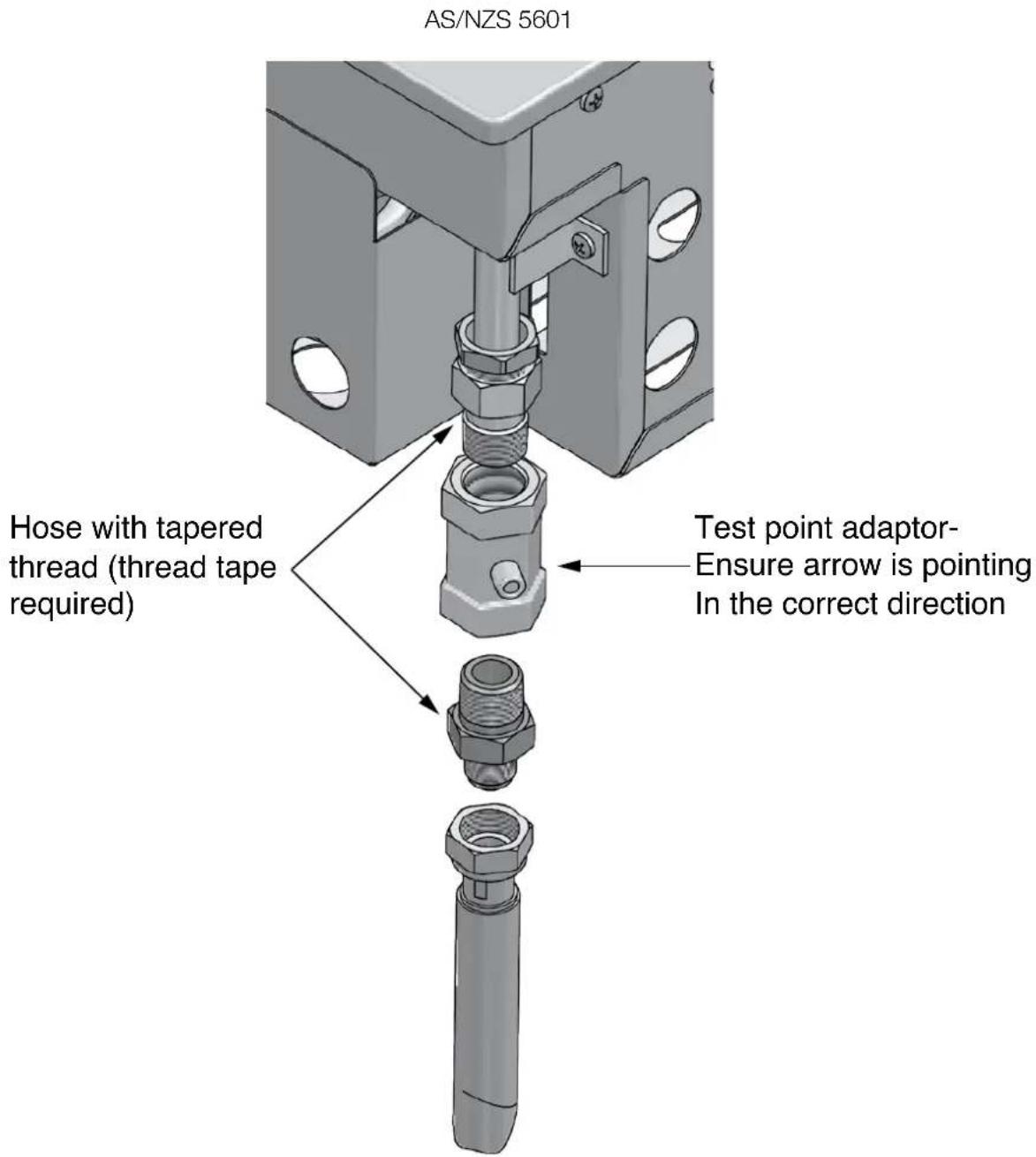 AS/NZS 5601 Hose with tapered thread (thread tape required) Test point adaptor- Ensure arrow is pointing In the correct direction