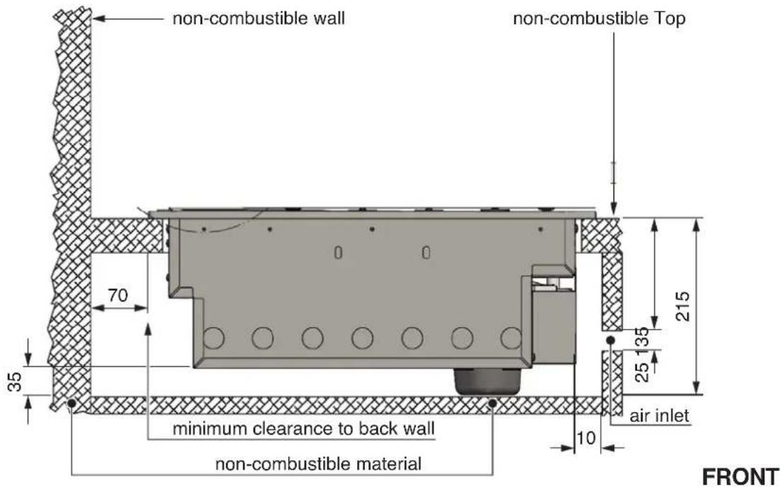 non-combustible wall non-combustible Top 70 35 215 25 135 25 135 air inlet 10 minimum clearance to back wall non-combustible material FRONT