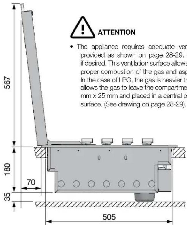 ATTENTION • The appliance requires adequate vent provided as shown on page 28-29. . . if desired. This ventilation surface allows proper combustion of the gas and asp In the case of LPG, the gas is heavier th allows the gas to leave the compartment mm x 25 mm and placed in a central p surface. (See drawing on page 28-29). 567 180 70 35 505