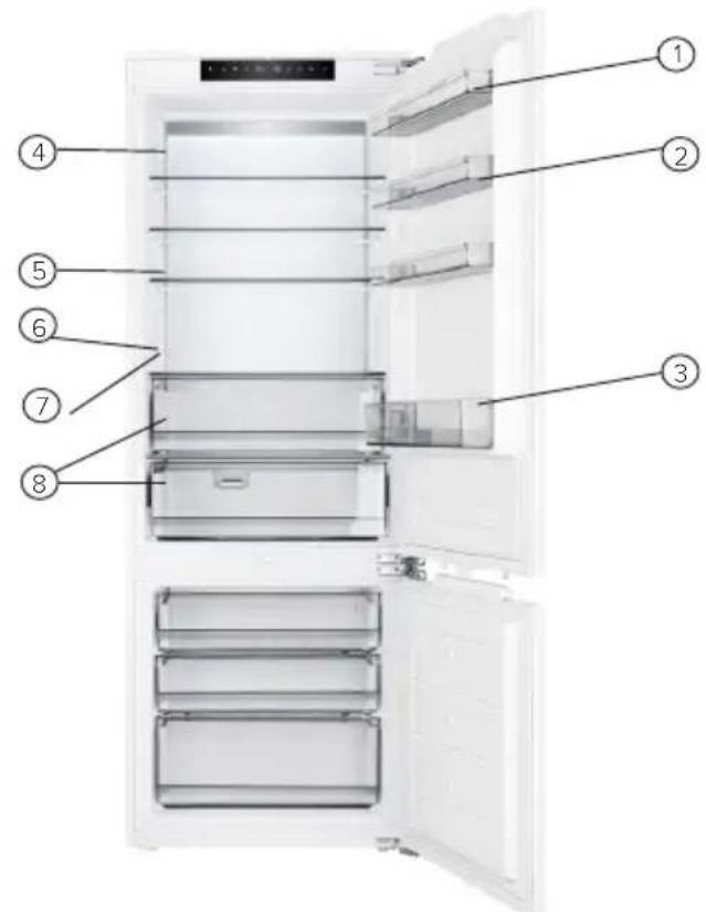 Labeled diagram of a refrigerator interior with numbered parts for identification