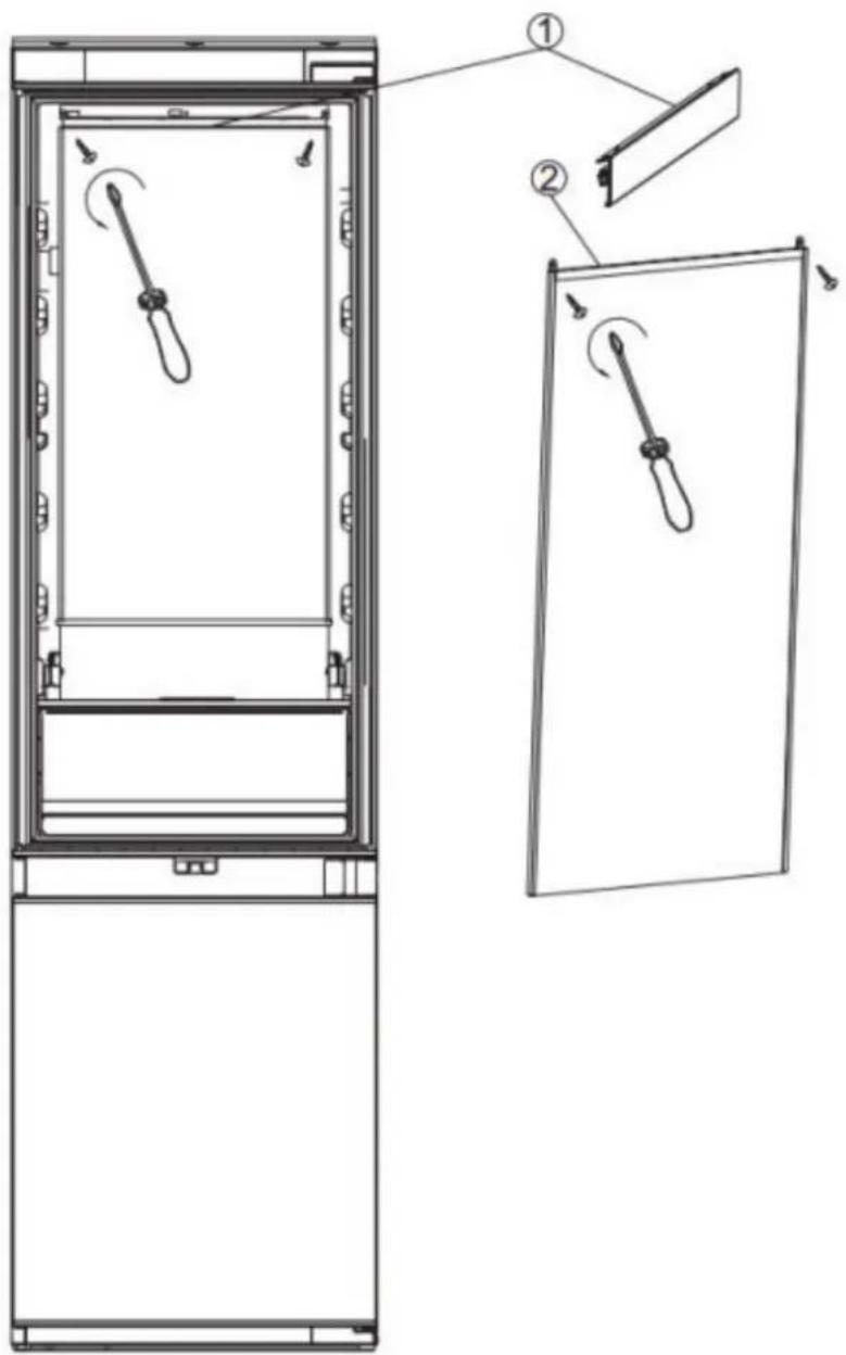 Technical diagram showing two views of a refrigerator with labeled parts and directional arrows indicating motion or assembly.