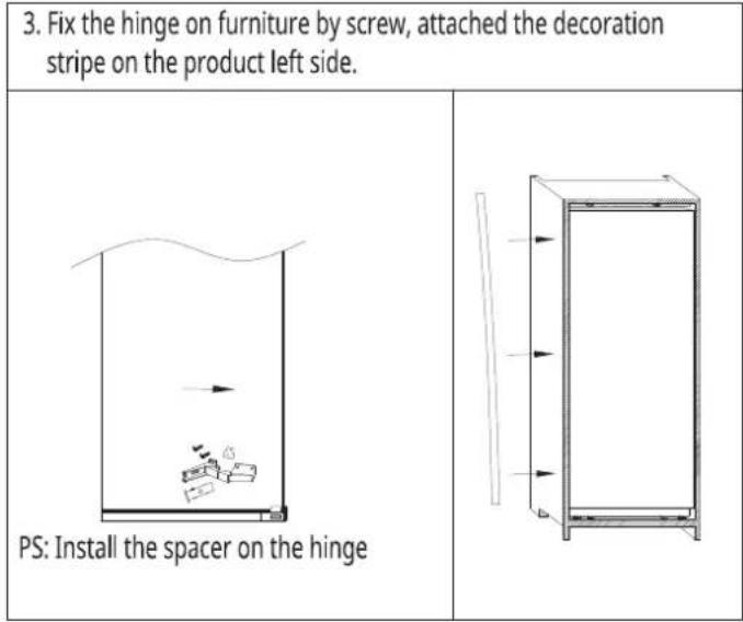3. Fix the hinge on furniture by screw, attached the decoration stripe on the product left side. PS: Install the spacer on the hinge