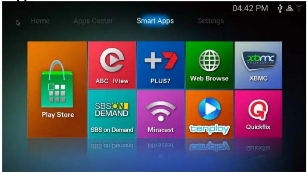 Home Apps Center Smart Apps Settings 04:42 PM Play Store ABC iView PLUS7 Web Browse XBMC SBSON DEMAND SBS on Demand Miracast tenplay Quickflix
