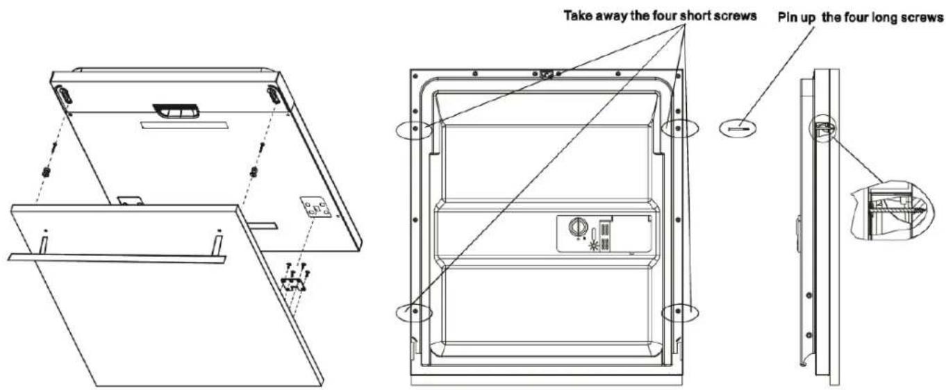 Take away the four short screws Pin up the four long screws